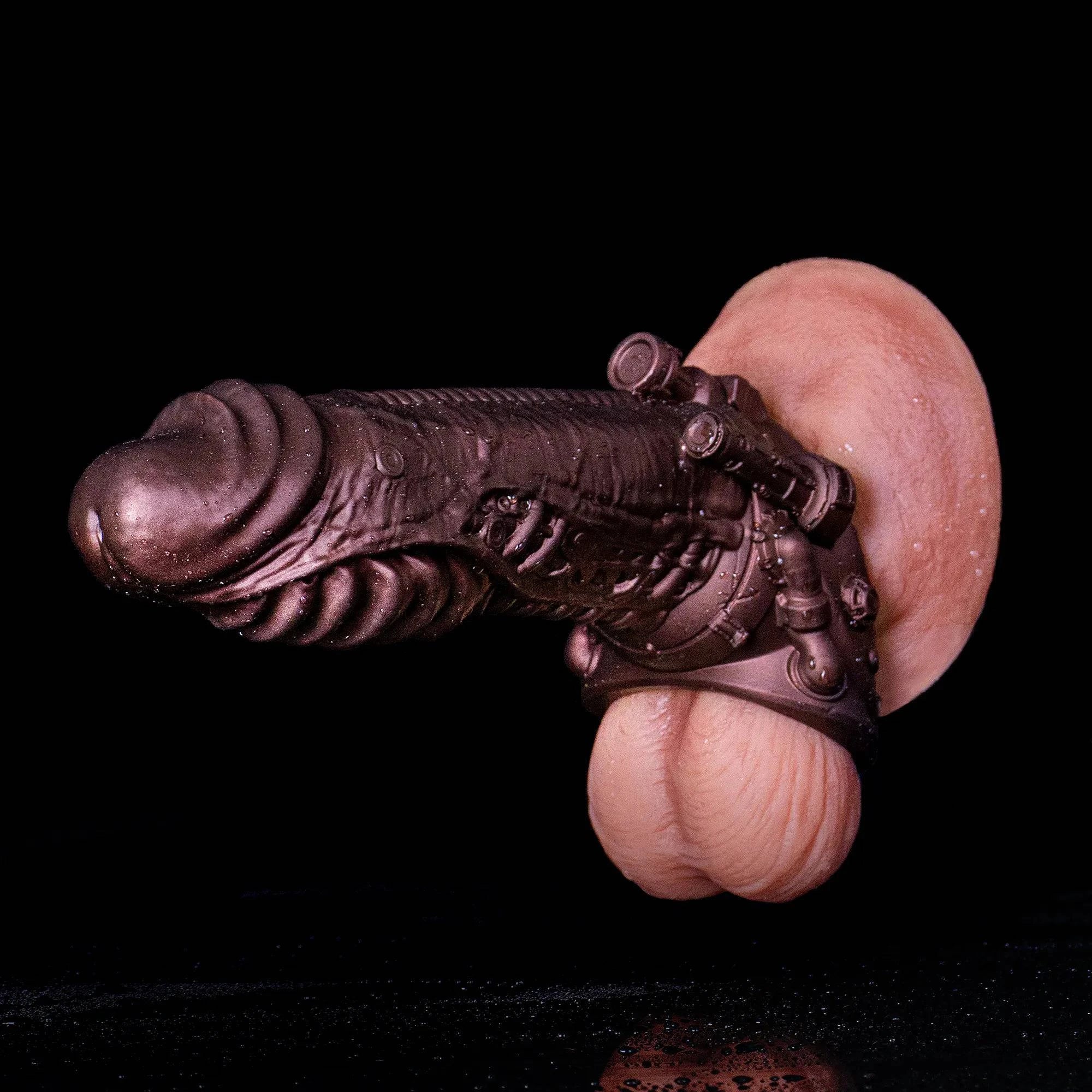 Oieffur Cyberpunk Sheath Male Extender Sleeve with mechanical real feel design, shown on a realistic penis sheath.