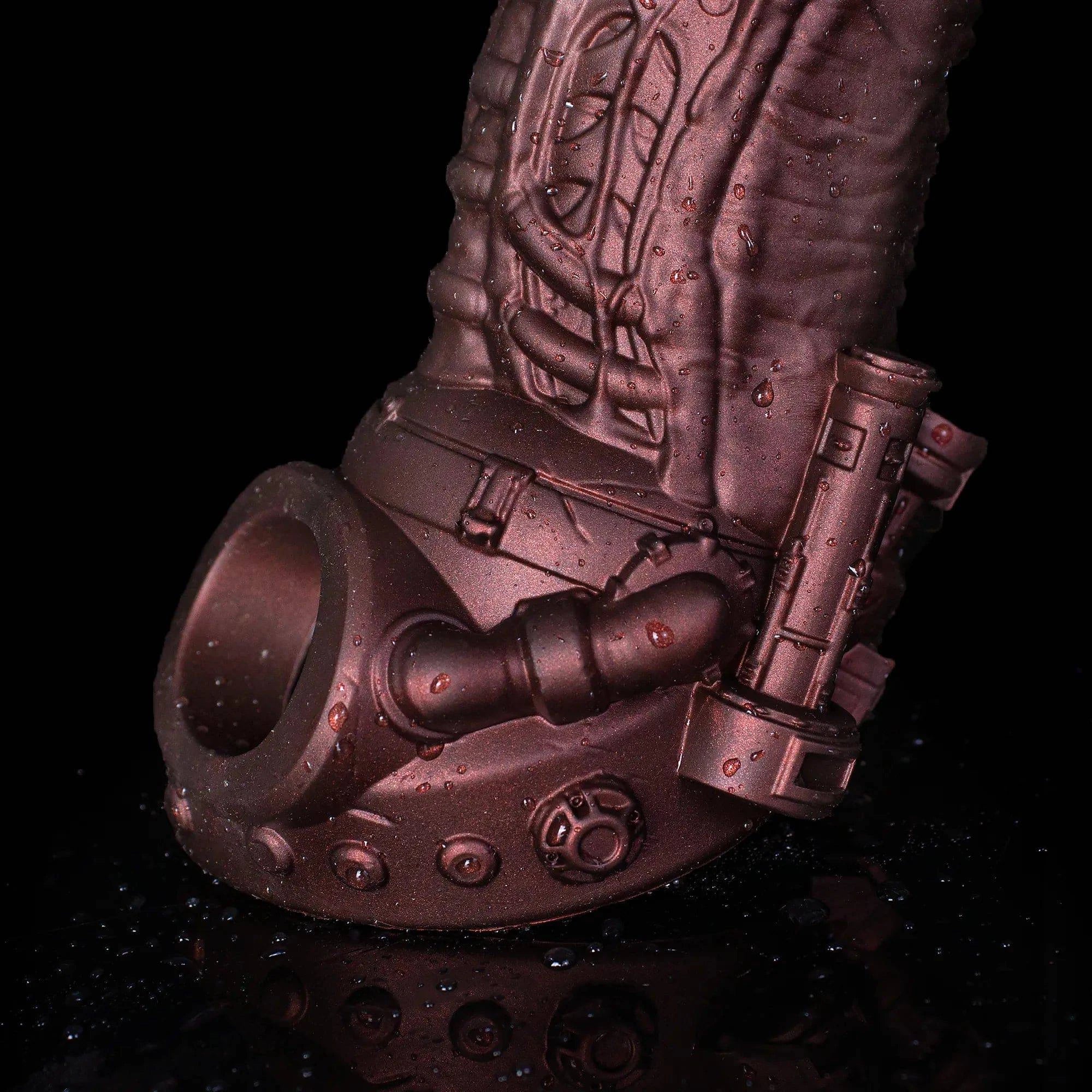 Oieffur Cyberpunk Sheath Male Extender Sleeve with mechanical real feel for penis enhancement, shown on a realistic model.