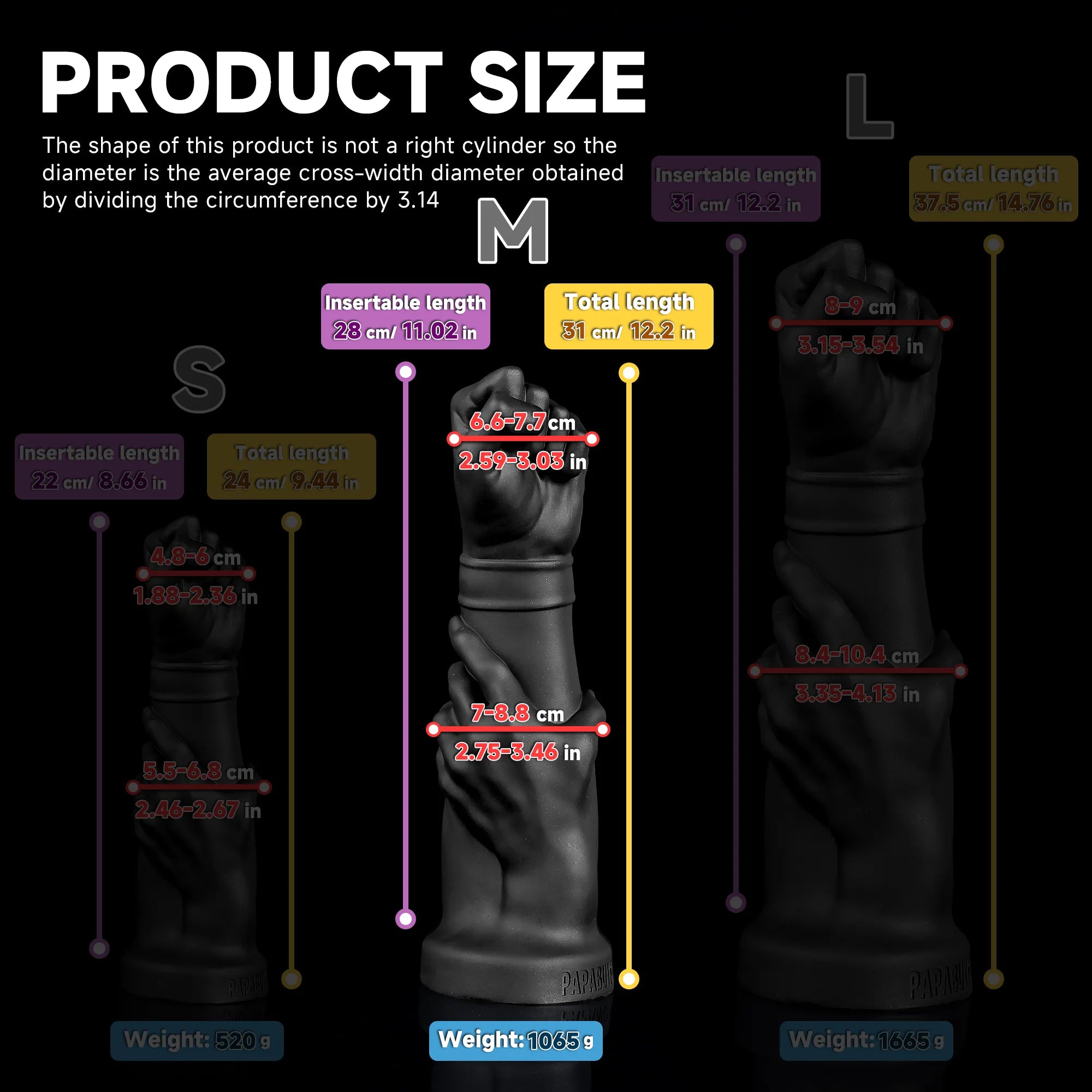 Realistic Fist Dildo – 14-Inch Black Fisting Toy with Suction Cup, Multiple Sizes - Oieffur