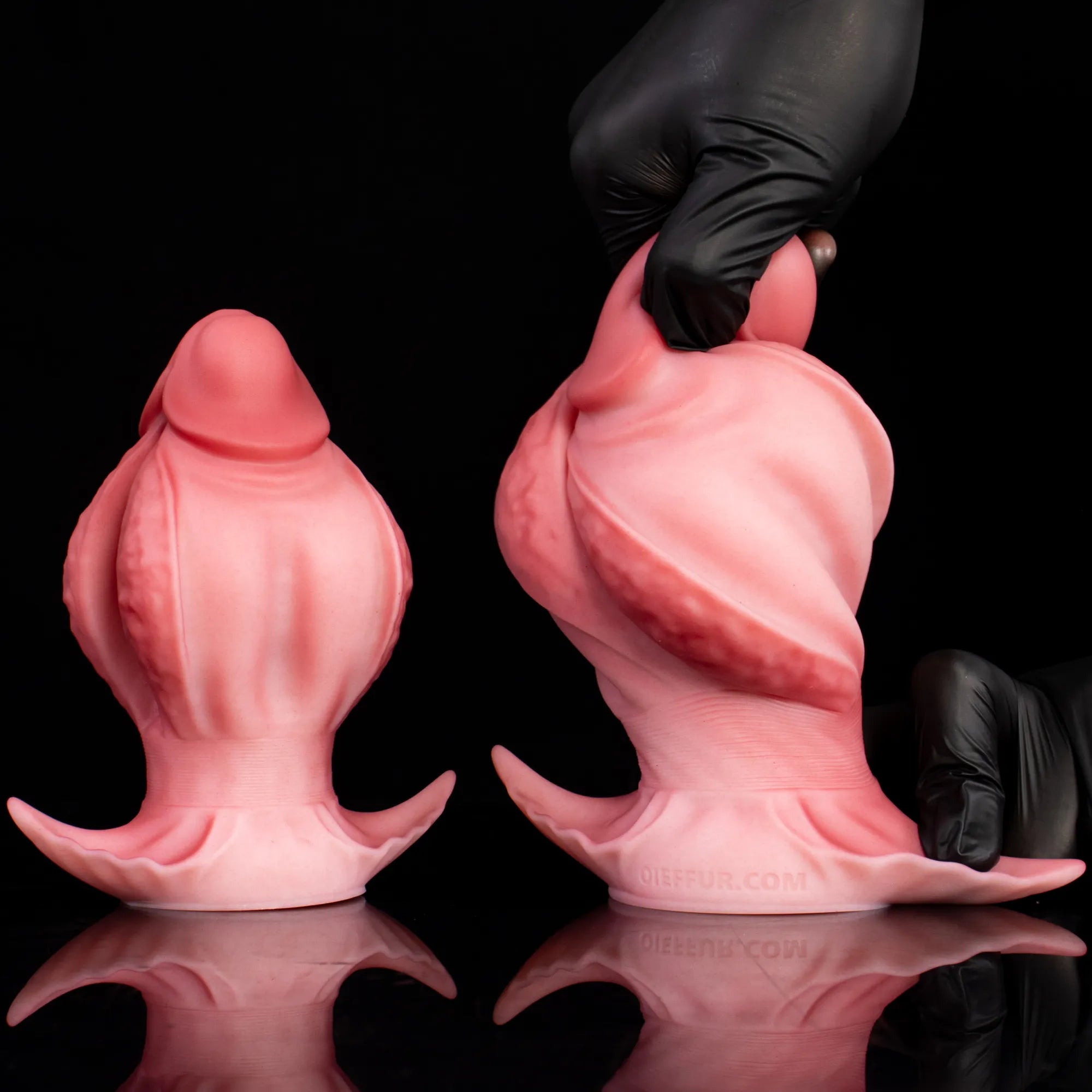 Oieffur Fissure Fantasy Stroker petal-textured platinum silicone dildo, penetrable fantasy toy with detailed surface design.