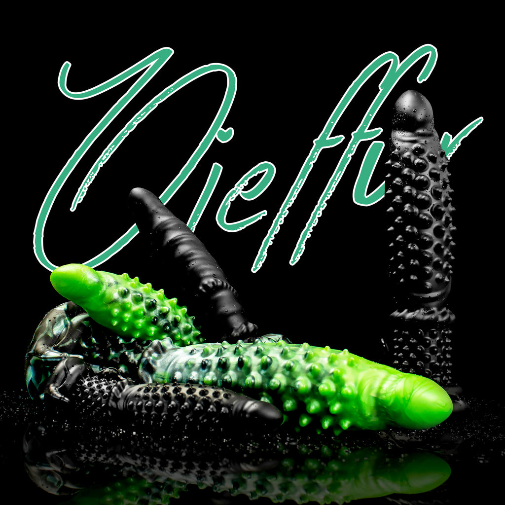 Black Abyss spiked dildo from Oieffur, made of platinum silicone, featuring a textured, fantasy-inspired design for adult pleasure.