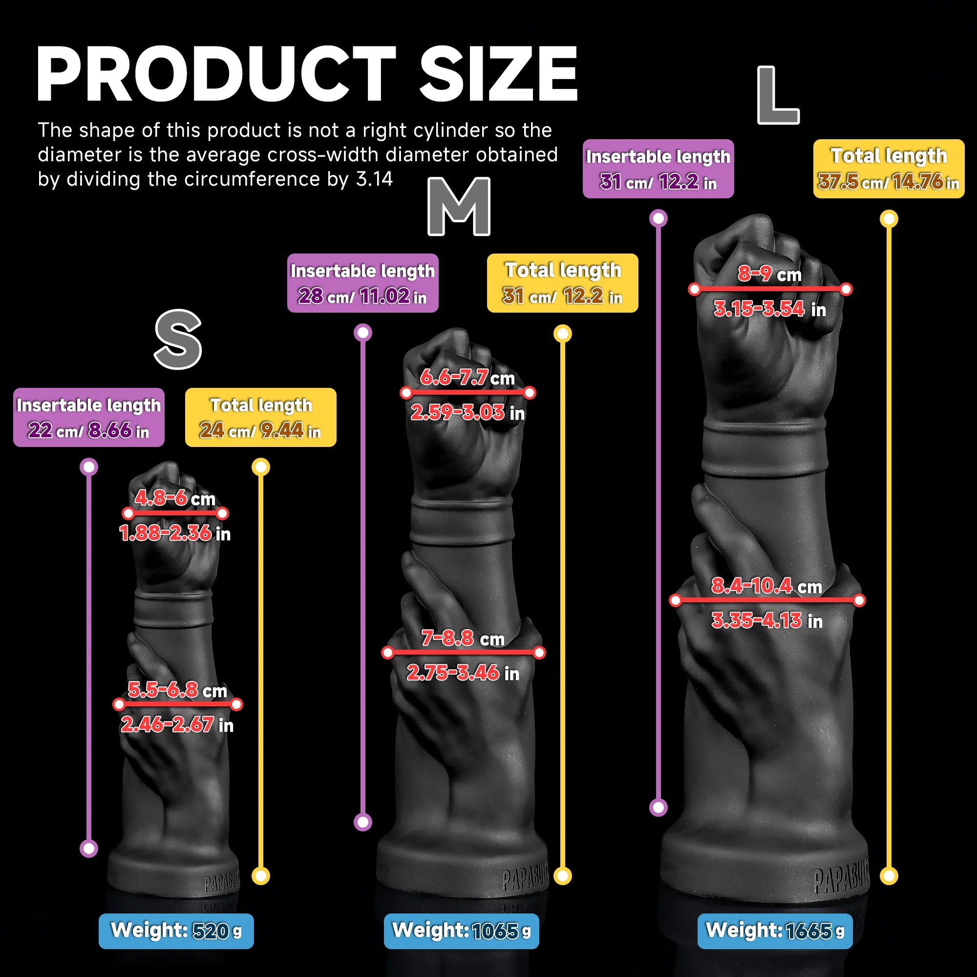 Realistic Fist Dildo – 14-Inch Black Fisting Toy with Suction Cup, Multiple Sizes