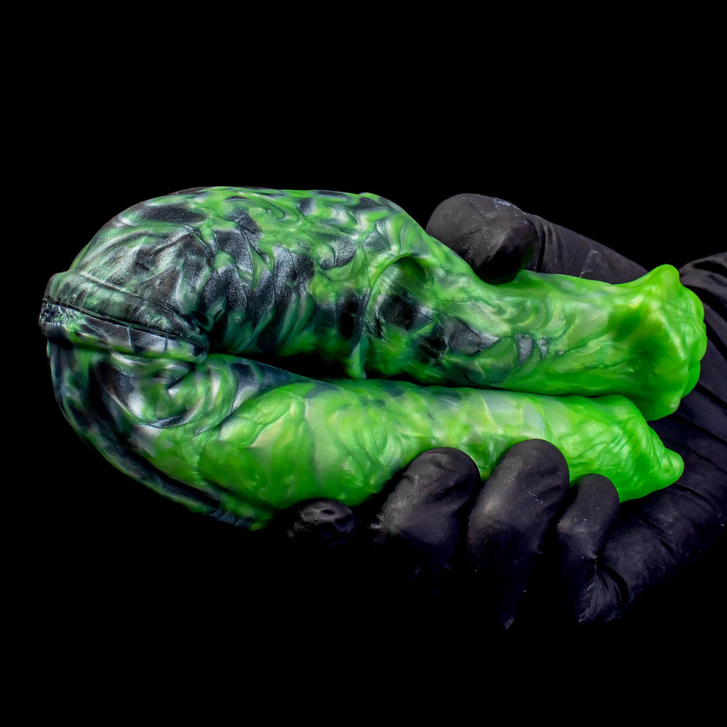 Oieffur Dual Sensation Platinum silicone fantasy dildo with realistic horse and dog designs, double-ended for versatile pleasure.