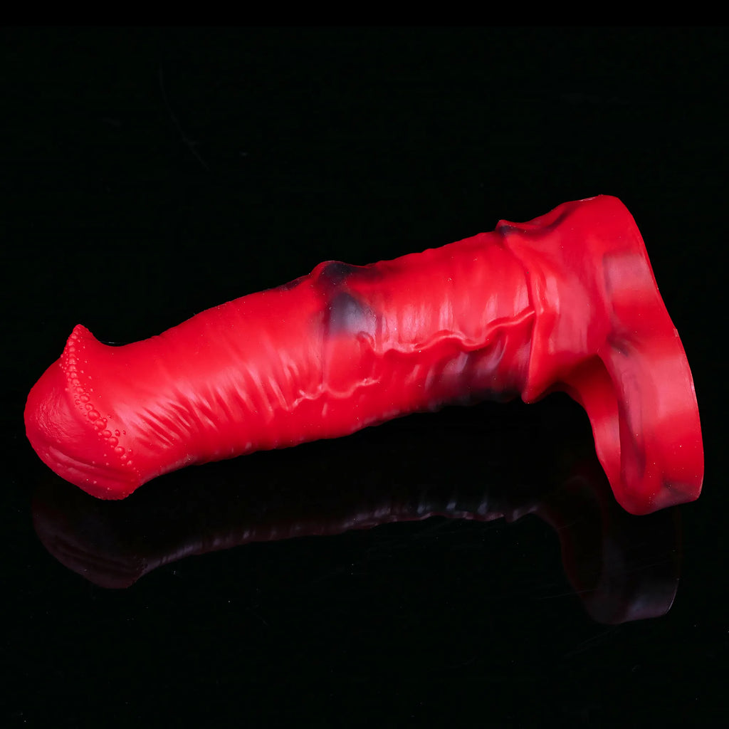 Oieffur male silicone penis sleeve with textured exterior, designed for girth and length extension, shown on a male body.