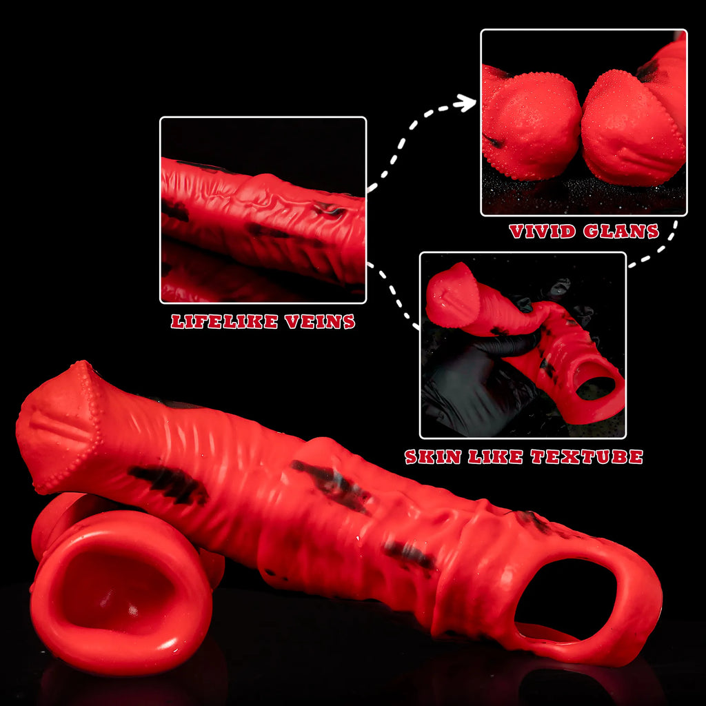 Oieffur Storm Horse Male Extender Sleeve, realistic penis sheath designed for enhanced size and sensation, shown on a model.