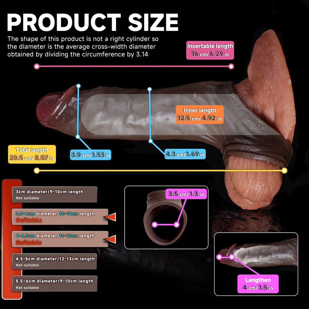 Black Fury realistic silicone sheath with ring, penis extender from Oieffur, designed to enhance size and sensation.