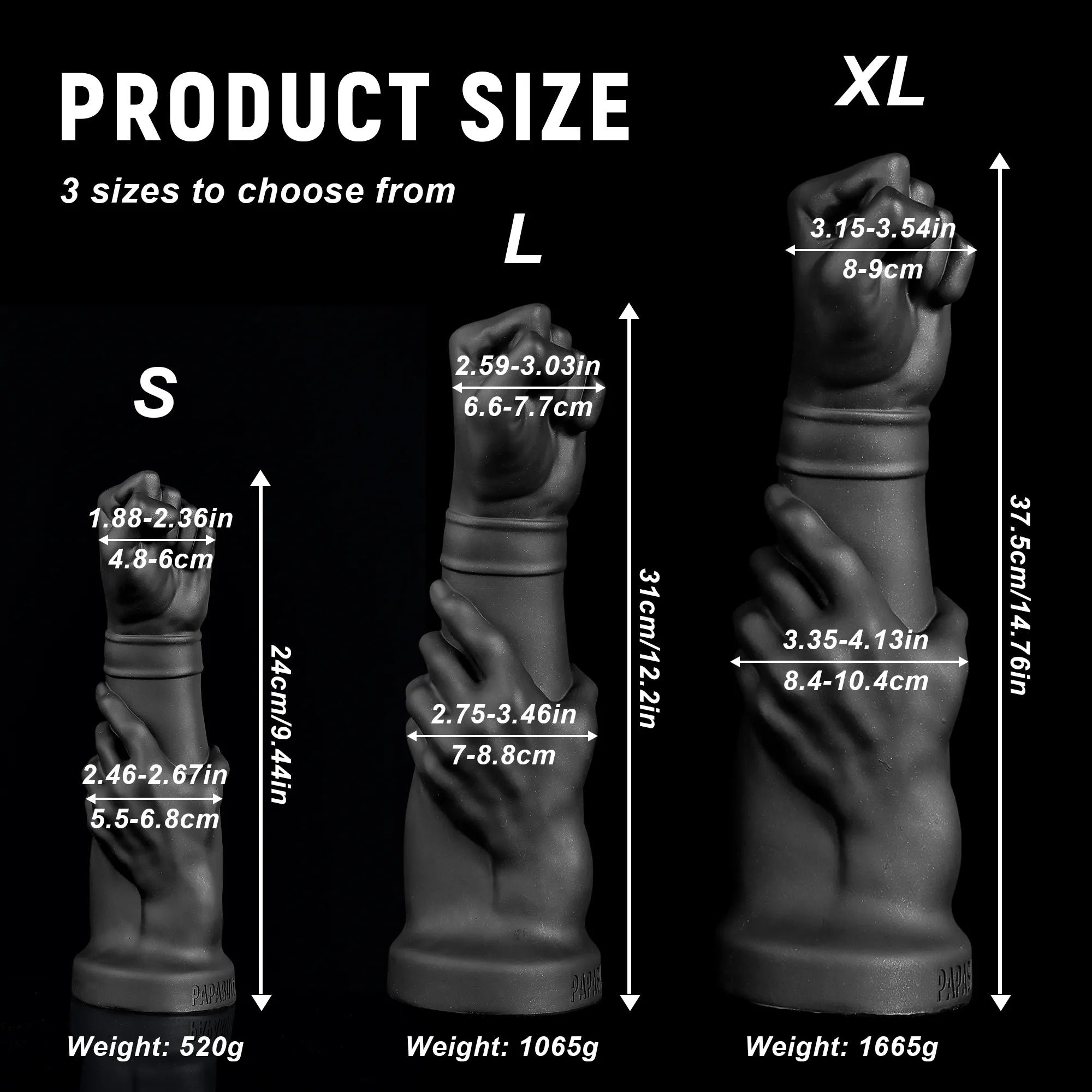 Realistic Fist Dildo – 14-Inch Black Fisting Toy with Suction Cup, Multiple Sizes