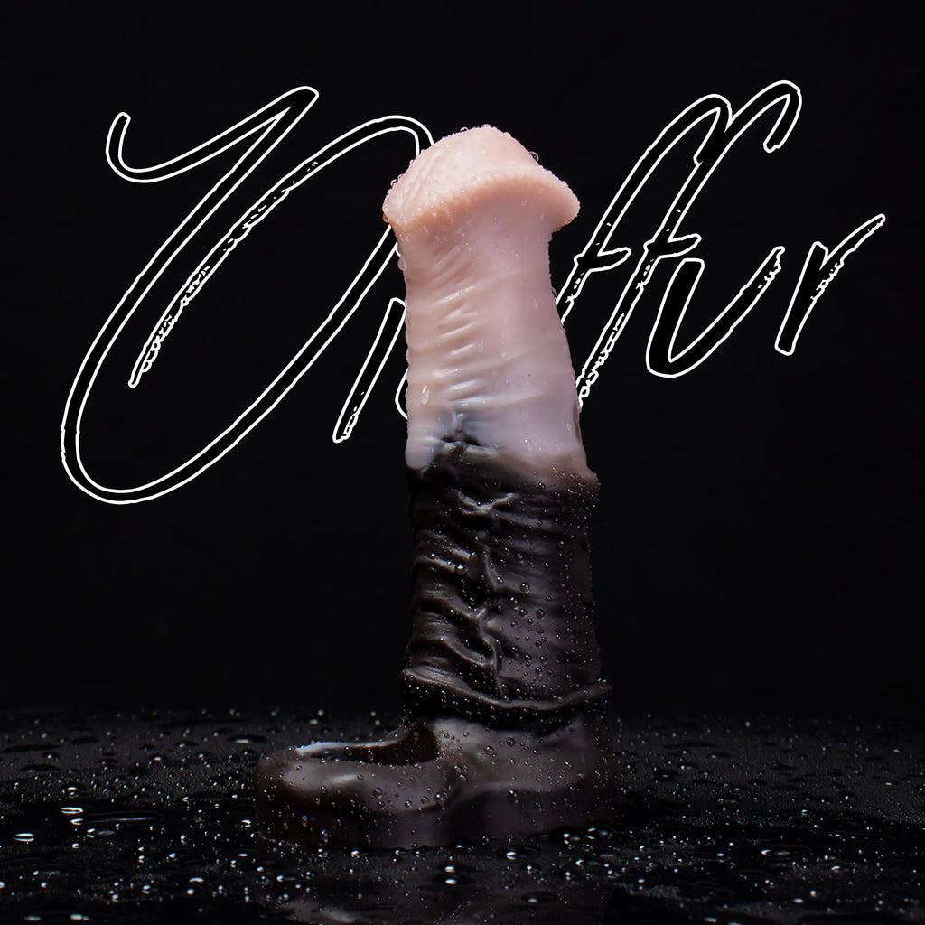 Oieffur silicone horse sheath penis extender with enhanced girth and length, shown on a male model.