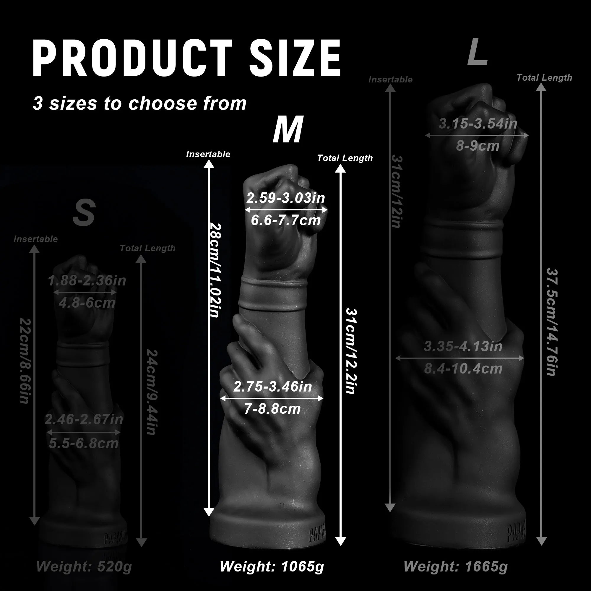 Realistic Fist Dildo – 14-Inch Black Fisting Toy with Suction Cup, Multiple Sizes