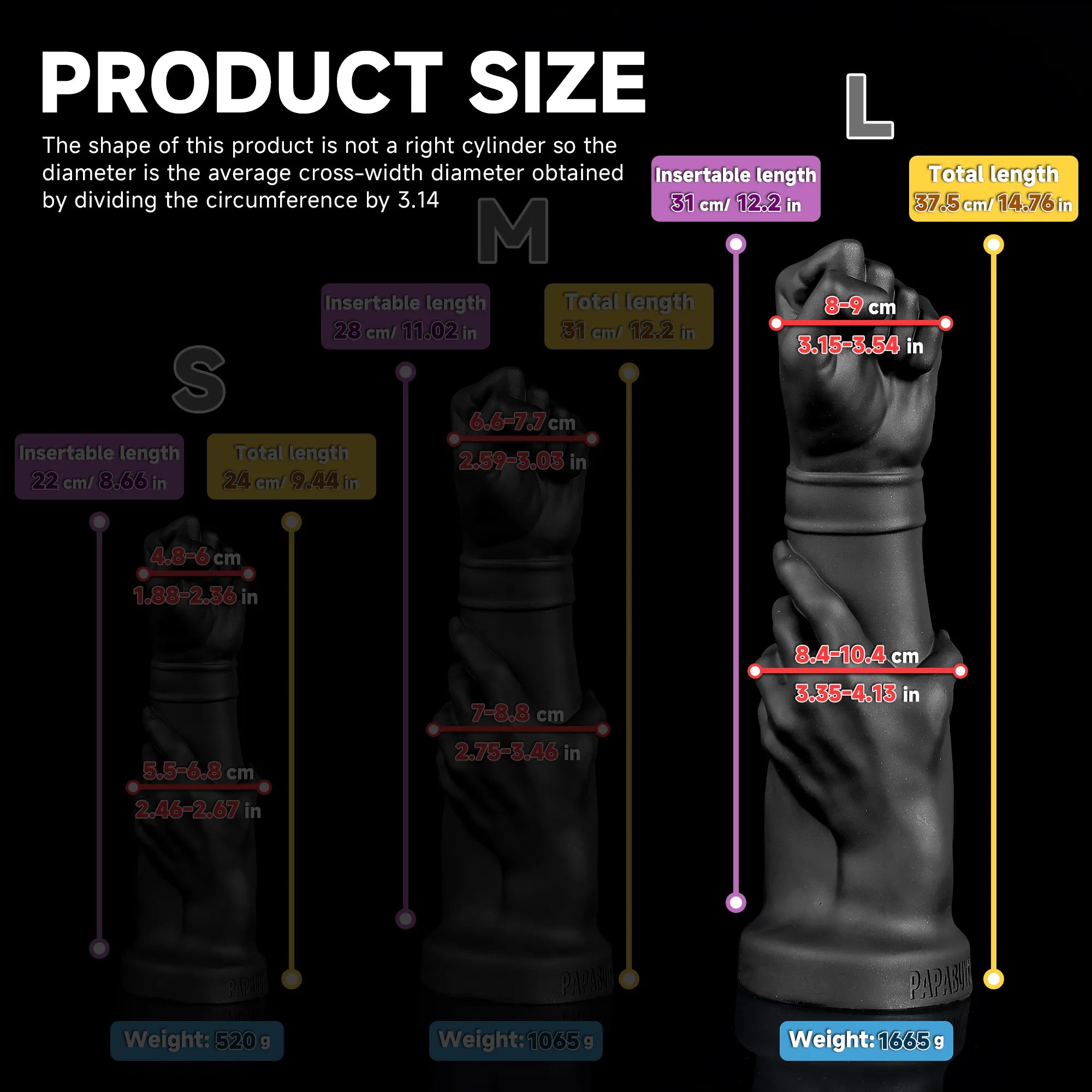 Realistic Fist Dildo – 14-Inch Black Fisting Toy with Suction Cup, Multiple Sizes