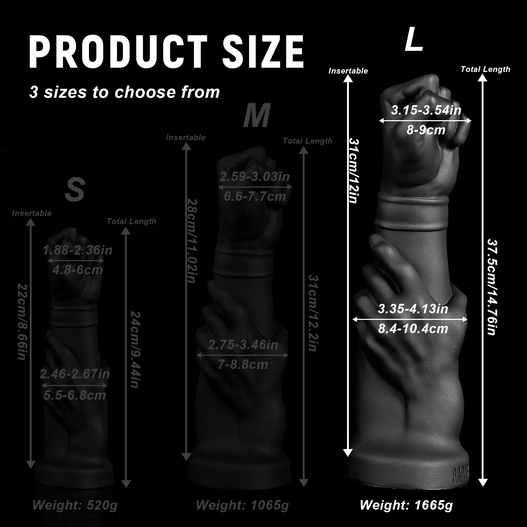 Realistic Fist Dildo – 14-Inch Black Fisting Toy with Suction Cup, Multiple Sizes