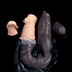 Green and black dual-ended fantasy dildo featuring realistic horse and dog designs by Oieffur, made of platinum silicone.