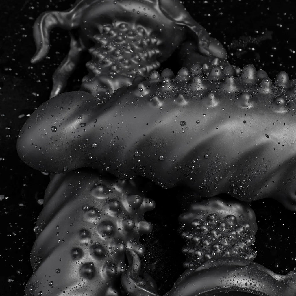 Black Abyss spiked dildo from Oieffur's Fantasy Dildos collection, made of platinum silicone, featuring a textured, monster design.