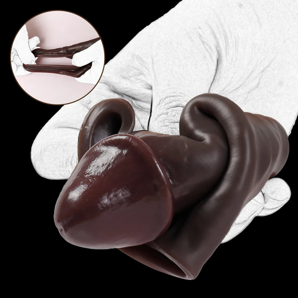 Oieffur Black Fury realistic silicone penis sheath with ring and extender for enhanced size and sensation.